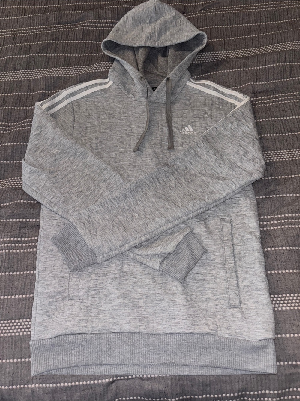 adidas Gray Hooded Pullover Sweatshirt with White Shoulder Stripes